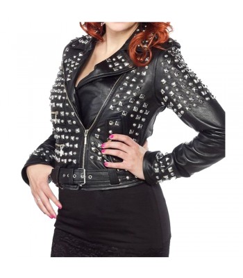 Women Fashion Buckle Belt Leather Jacket 